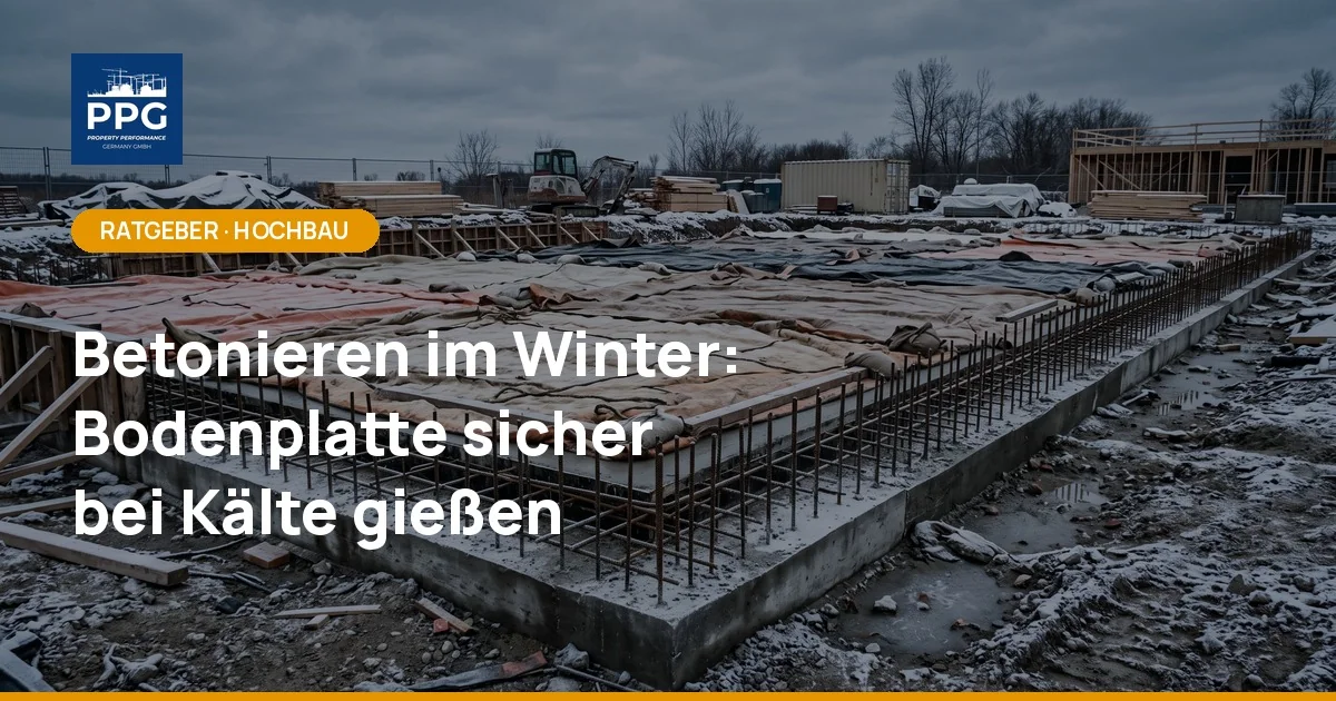 Betonfundament mit Bewehrung, abgedeckt mit Dämmmatten gegen Frost, verschneite Baustelle im Winter