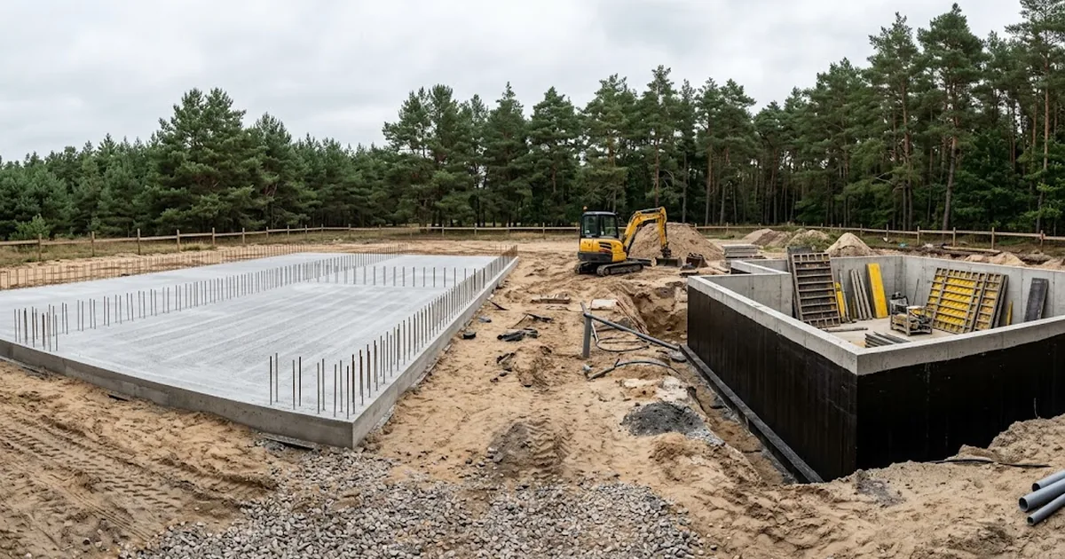 Baustelle mit fertiger Bodenplatte und daneben betonierten Kellerwänden mit schwarzer Abdichtung, im Hintergrund Bagger und Kiefernwald
