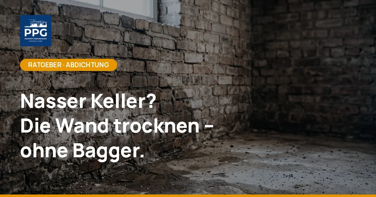 Feuchte Kellerwand mit Wasserflecken und Salzausblühungen im Ziegelmauerwerk