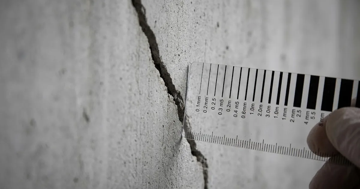 Nahaufnahme eines Risses in einer Betonwand mit angelegtem Risslineal zur Messung der Rissbreite