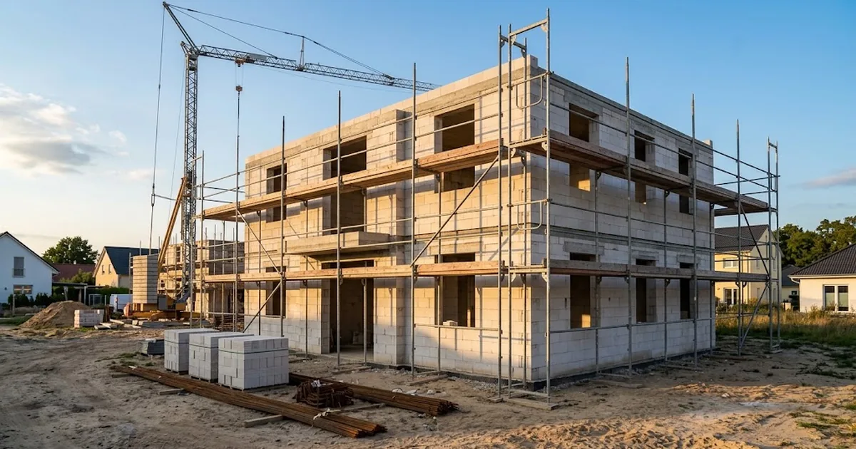 Rohbau eines Einfamilienhauses mit gemauerten Wänden, Betondecke und Baukran in Brandenburg
